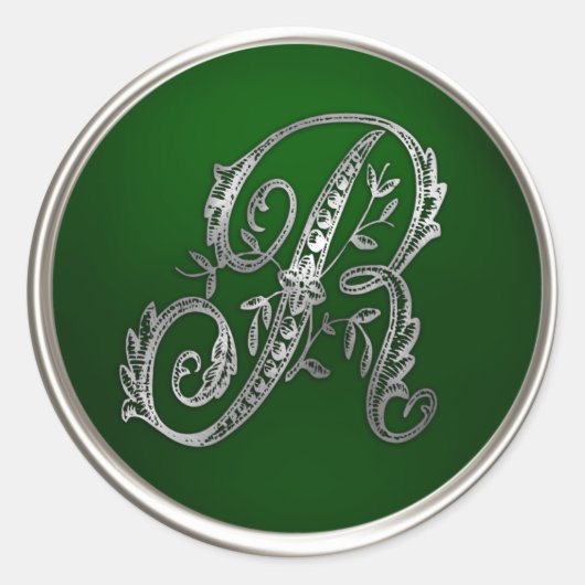 Silver en Emerald Monogram R Envelope Seal Ronde Sticker (Voorkant)