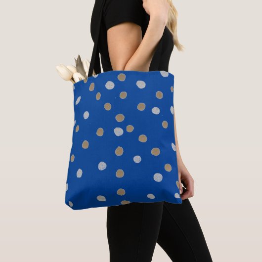 Silver- en Gold Polka-punten op blauw Tote Bag (Dichtbij)