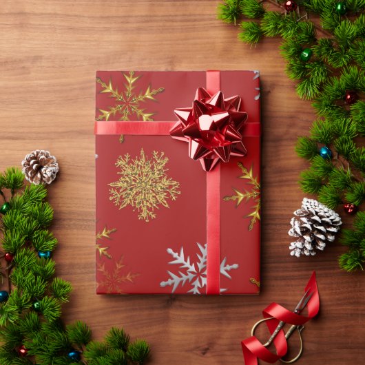 Silver en Gold Snowflakes op donkerrode kerst Cadeaupapier (Feestdagen Geschenken)
