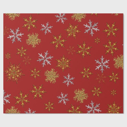 Silver en Gold Snowflakes op donkerrode kerst Cadeaupapier (Vlak)