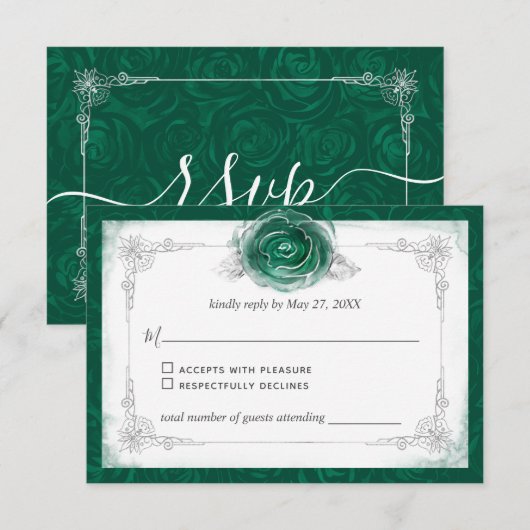 Silver en Green Rozen Elegant RSVP Kaartje (Voorkant / Achterkant)