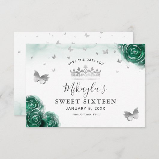 Silver en Green Rozen Elegant Save The Date (Voorkant / Achterkant)