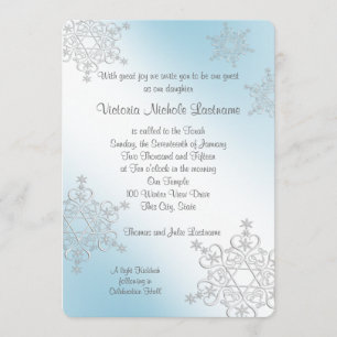 Silver en Ice Blue Snowflakes Bat Mitzvah Kaart