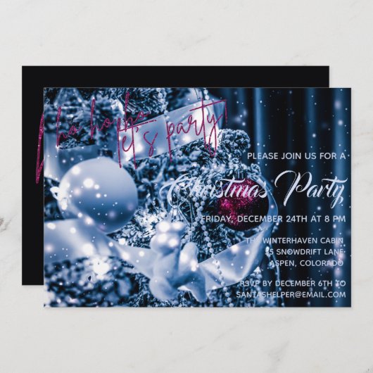 Silver en Magenta Glitter Bauble-kerstparty Kaart (Voorkant / Achterkant)