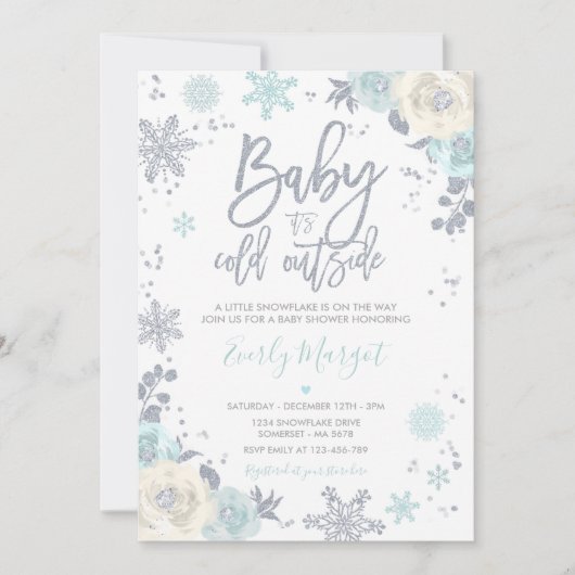 Silver en Mint Floral Winter Baby shower Snowflake Kaart (Voorkant)