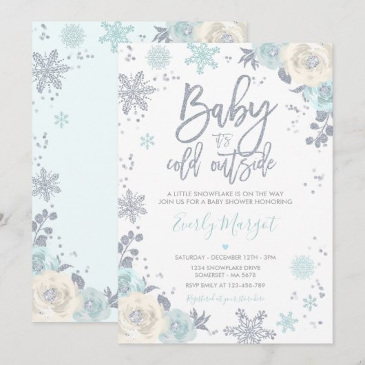 Silver en Mint Floral Winter Baby shower Snowflake Kaart (Voorkant / Achterkant)