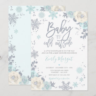 Silver en Mint Floral Winter Baby shower Snowflake Kaart