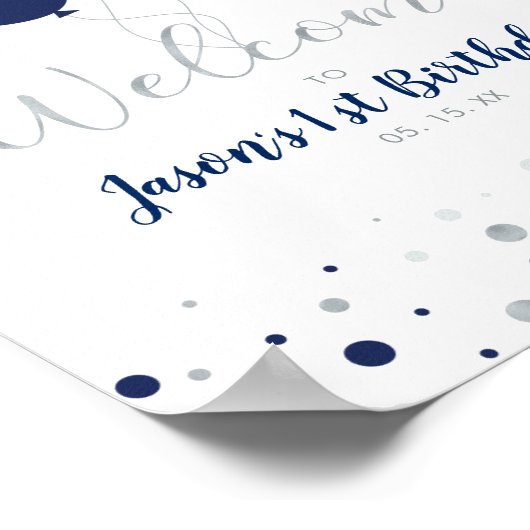 Silver- en Navy-ballonnen | Welkomstjaar jongen 1 Poster (Hoek)