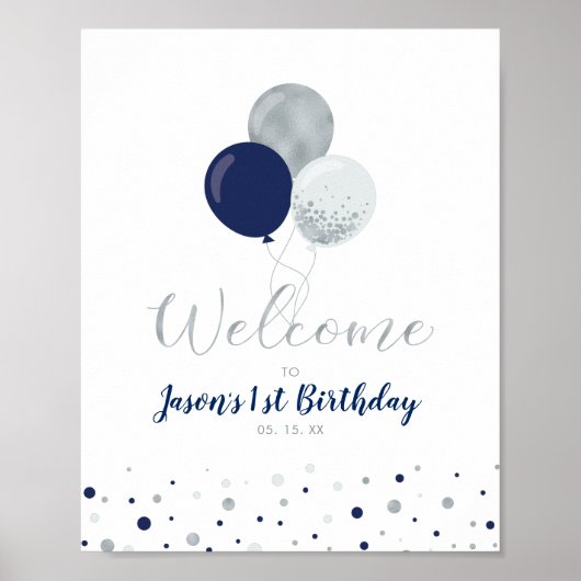 Silver- en Navy-ballonnen | Welkomstjaar jongen 1 Poster (Voorkant)