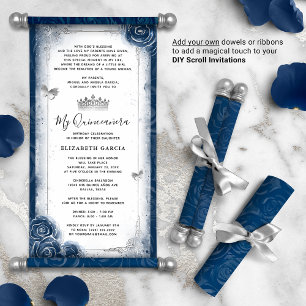 Silver en Navy Blue Quince DIY Scroll Uitnodiginge
