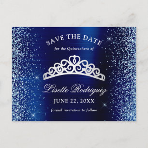 Silver en Navy Blue Quinceanera bewaren de datum Briefkaart