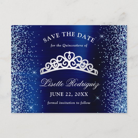 Silver en Navy Blue Quinceanera bewaren de datum Briefkaart (Voorkant)