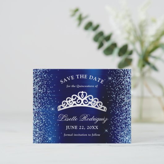 Silver en Navy Blue Quinceanera bewaren de datum Briefkaart (Staand voorkant)