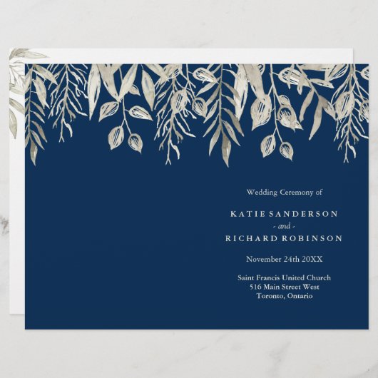 Silver- en Navy Blue Wedding-programma's (Voorkant / Achterkant)