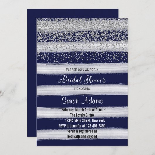 Silver en Navy Bridal Shower Uitnodiging (Voorkant / Achterkant)