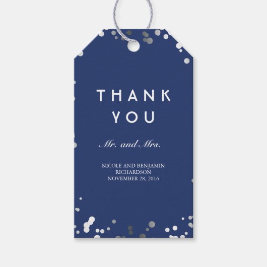 Silver en Navy Confetti Elegant Bruiloft Cadeaulabel (Voorkant)