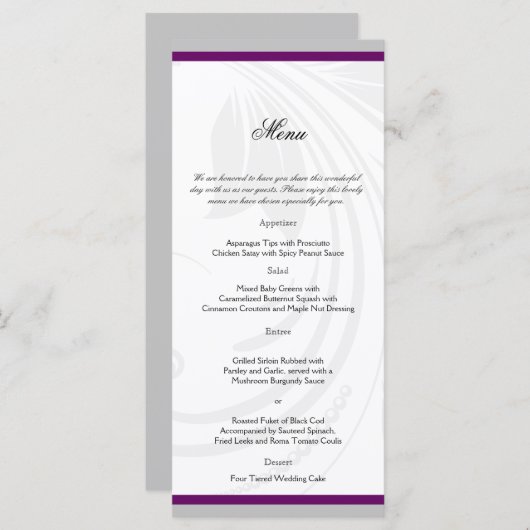 Silver en Paars Floral Heart Wedding Menu (Voorkant / Achterkant)