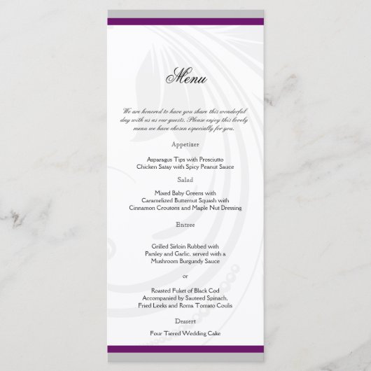 Silver en Paars Floral Heart Wedding Menu (Voorkant)