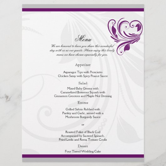 Silver en Paars Floral Heart Wedding Menu (Voorkant)