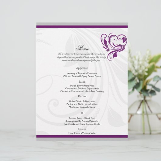 Silver en Paars Floral Heart Wedding Menu (Staand voorkant)