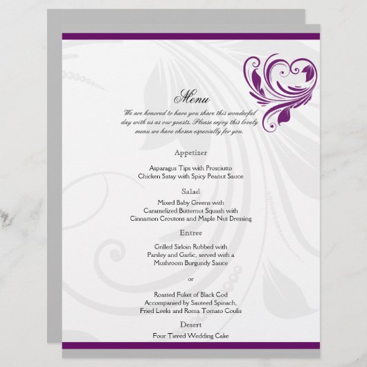 Silver en Paars Floral Heart Wedding Menu (Voorkant / Achterkant)