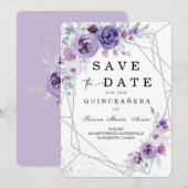 Silver en Paars Save the Date Quinceañera Kaart (Voorkant / Achterkant)