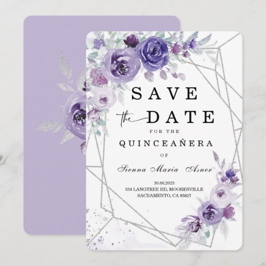 Silver en Paars Save the Date Quinceañera Kaart (Voorkant / Achterkant)