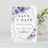 Silver en Paars Save the Date Quinceañera Kaart (Staand voorkant)