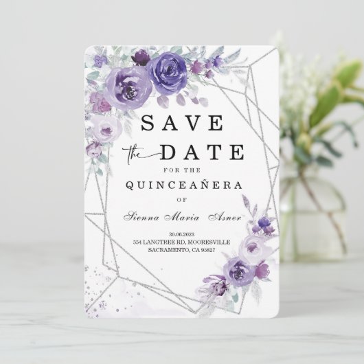 Silver en Paars Save the Date Quinceañera Kaart (Staand voorkant)