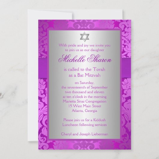 Silver en Paarse Damask Bat Mitzvah Invitation Kaart (Achterkant)