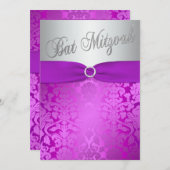 Silver en Paarse Damask Bat Mitzvah Invitation Kaart (Voorkant / Achterkant)
