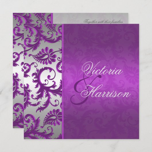 Silver en Paarse Damask II bruiloft uitnodiging (Voorkant / Achterkant)