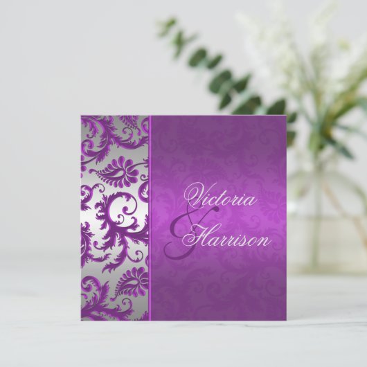 Silver en Paarse Damask II bruiloft uitnodiging (Staand voorkant)