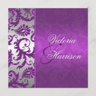 Silver en Paarse Damask II bruiloft uitnodiging