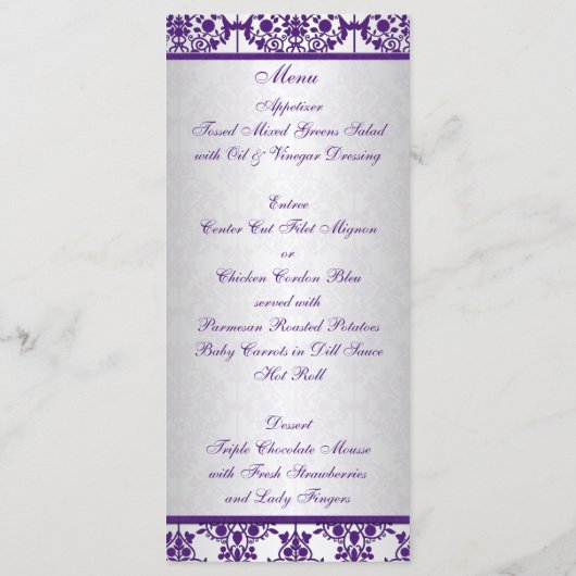 Silver en Paarse Damask Menu Kaart (Achterkant)
