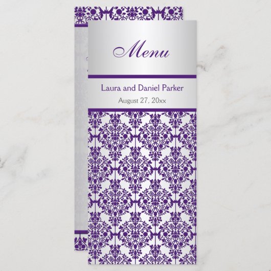 Silver en Paarse Damask Menu Kaart (Voorkant / Achterkant)