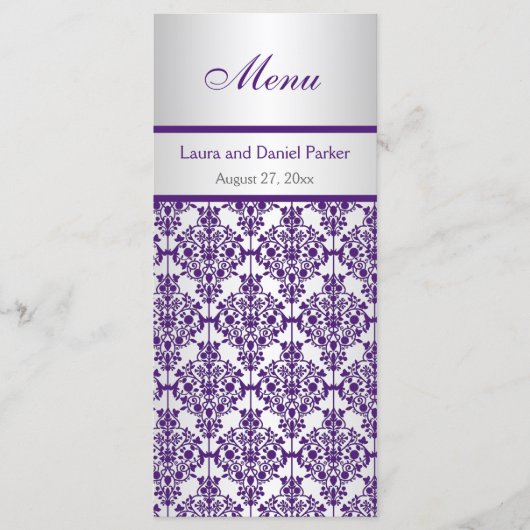 Silver en Paarse Damask Menu Kaart (Voorkant)