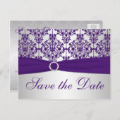 Silver en Paarse Damask Save the Date Kaart (Voorkant / Achterkant)