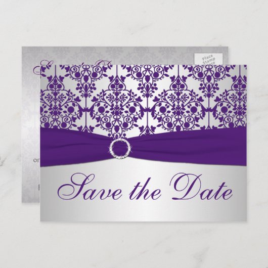 Silver en Paarse Damask Save the Date Kaart (Voorkant / Achterkant)