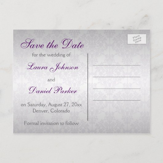 Silver en Paarse Damask Save the Date Kaart (Achterkant)