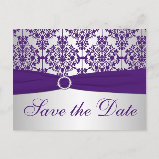 Silver en Paarse Damask Save the Date Kaart (Voorkant)