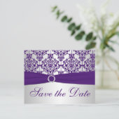 Silver en Paarse Damask Save the Date Kaart (Staand voorkant)