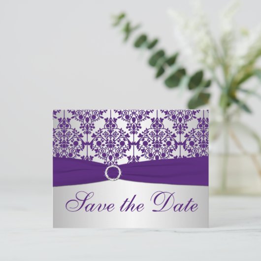 Silver en Paarse Damask Save the Date Kaart (Staand voorkant)