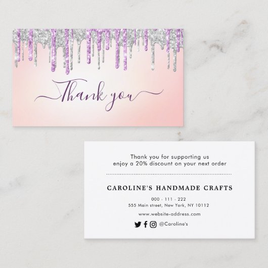 Silver en paarse glitter dank u script insert  visitekaartje (Voorkant / Achterkant)