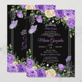 Silver en Paarse Mis Quince Birthday Butterfly Kaart (Voorkant / Achterkant)