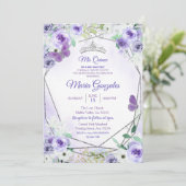 Silver en Paarse Mis Quince Birthday Invite Kaart (Staand voorkant)