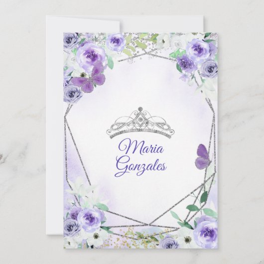 Silver en Paarse Mis Quince Birthday Invite Kaart (Achterkant)