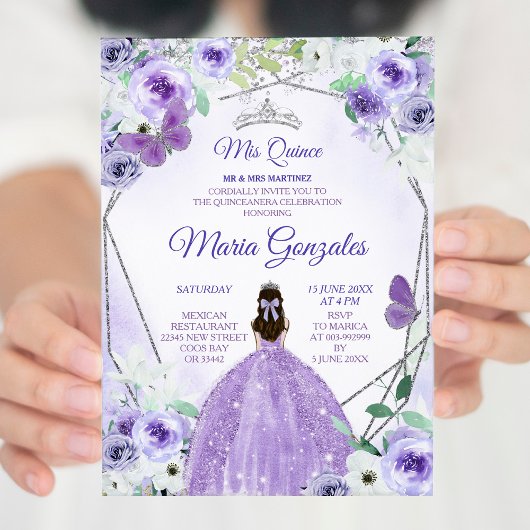 Silver en Paarse Mis Quince Invitation Kaart