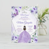 Silver en Paarse Mis Quince Invitation Kaart (Staand voorkant)