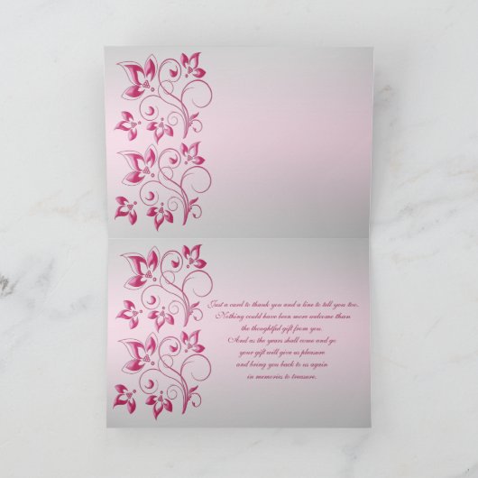 Silver en Pink Floral Hartelijk dank Bedankkaart (Binnen)